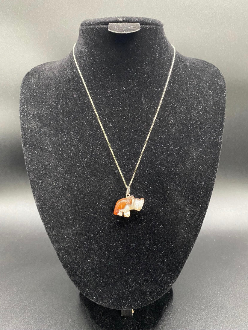 Carnelian Agate Hand-Carved Rhino Pendant Sterling Silver Necklace