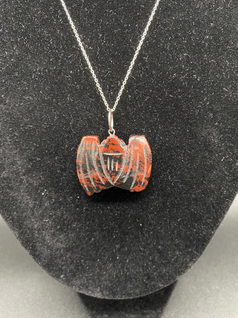 Carved Mahogany Obsidian Bat Pendant Sterling Silver Necklace