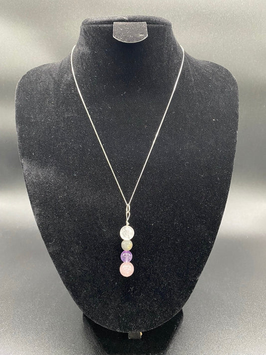 Crackle Quartz, Labradorite, Amethyst & Rose Quartz Drop Sterling Silver Necklace