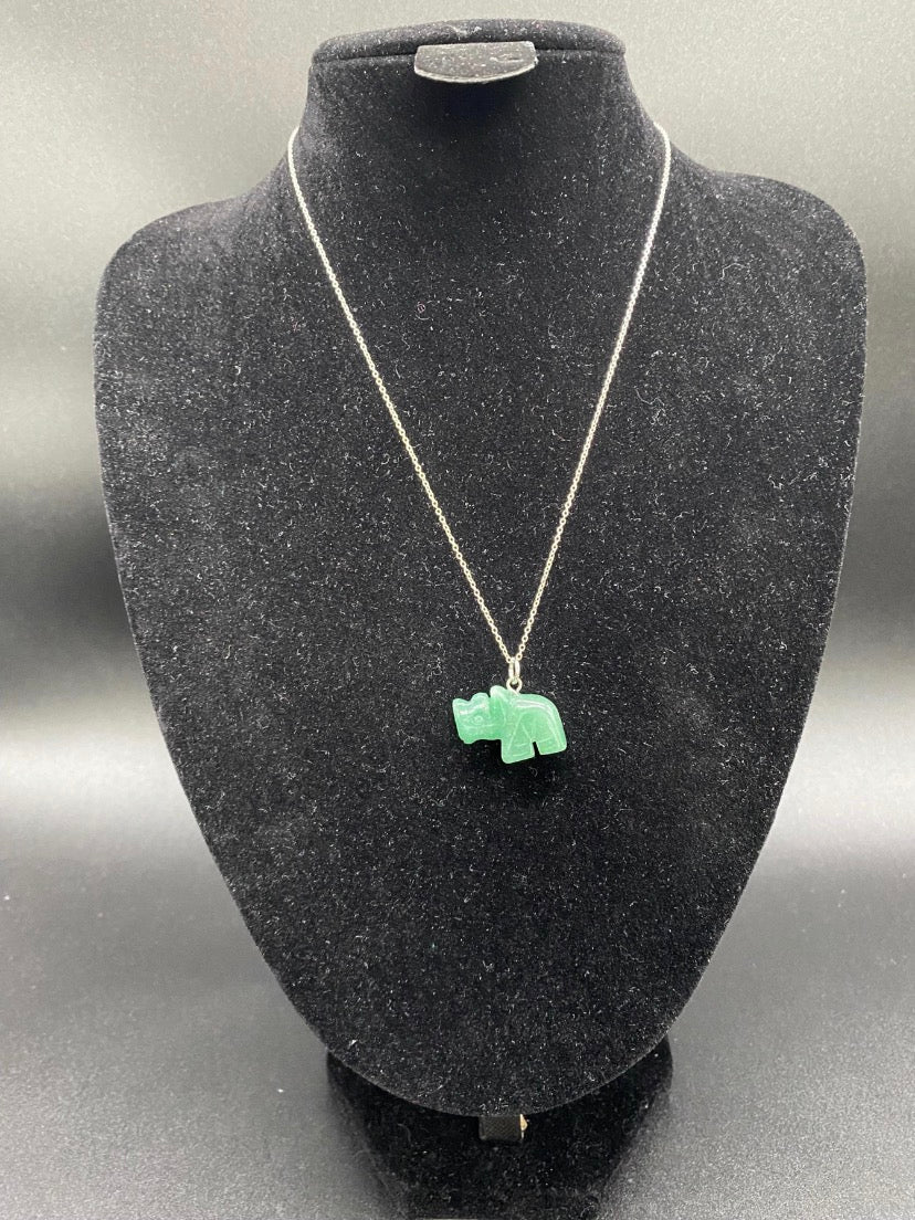 Green Aventurine Carved Rhino Sterling Silver Pendant Necklace