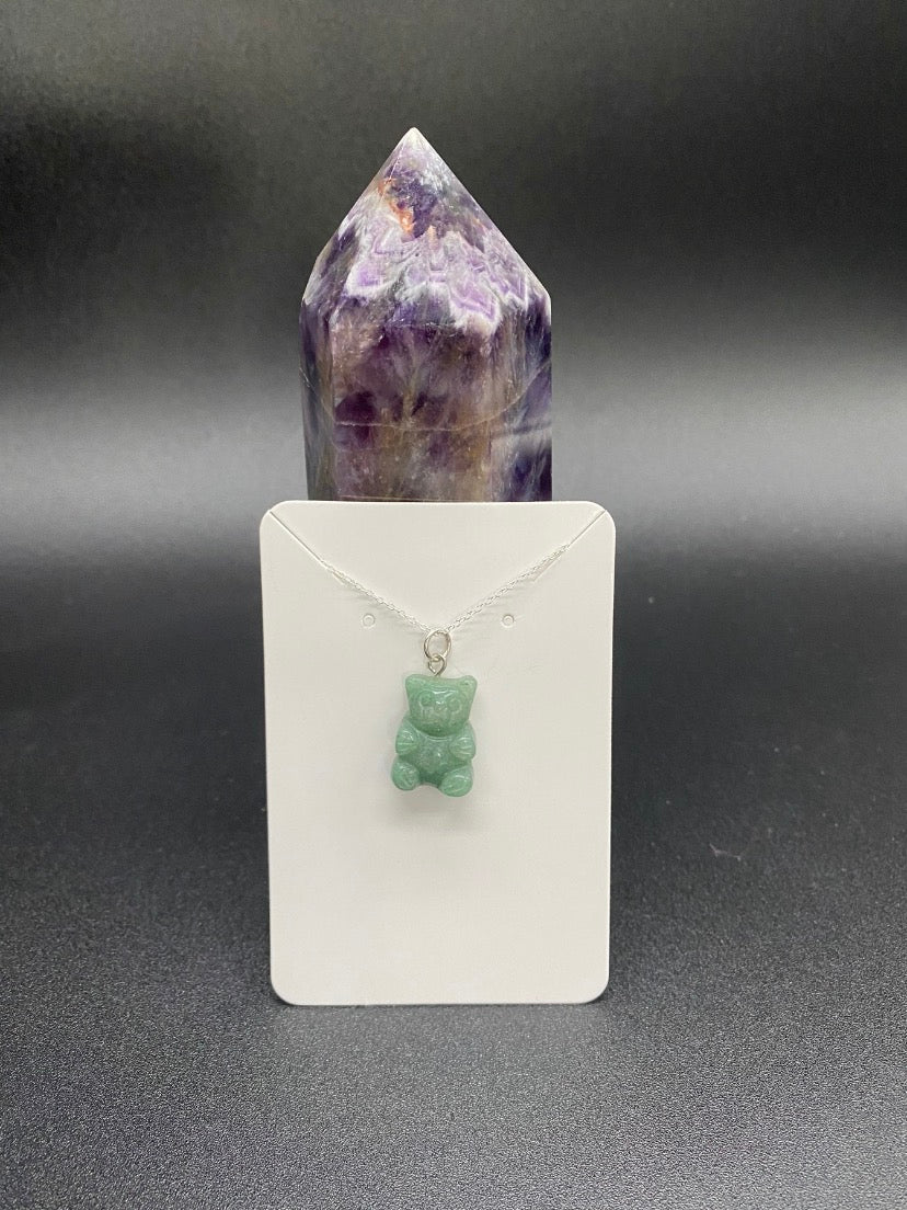 Green Aventurine Carved Gummy Bear Sterling Silver Pendant Necklace