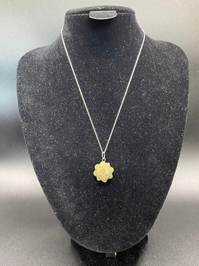 Unakite Hand-Carved Celestial Sun Pendant Sterling Silver Necklace