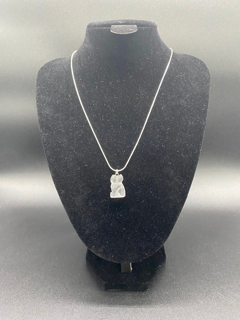 Carved Clear Quartz Cat Pendant Sterling Silver Necklace