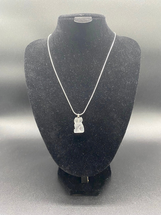 Carved Clear Quartz Cat Pendant Sterling Silver Necklace