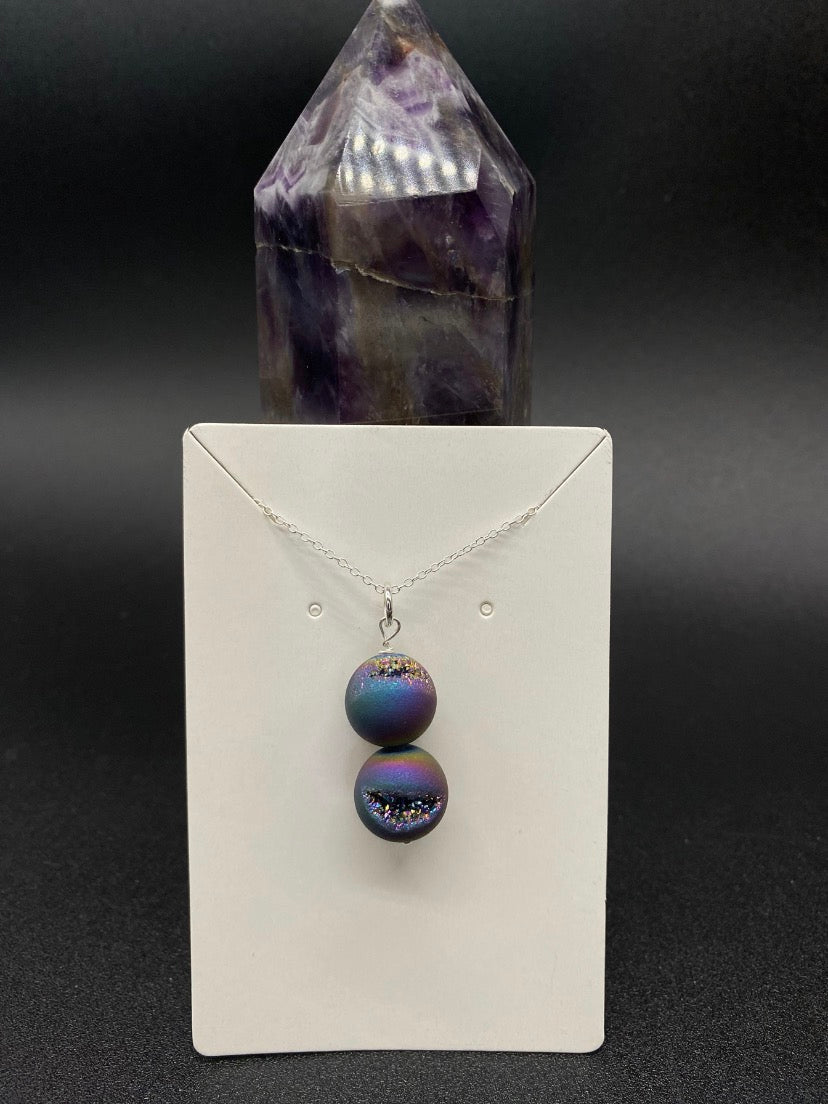 Titanium Druzy Agate and Sterling Silver Drop Pendant Necklace