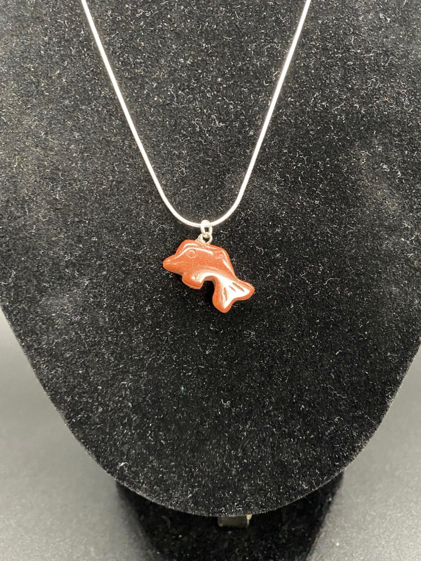 Carved Brown Goldstone Dolphin Pendant Sterling Silver Necklace
