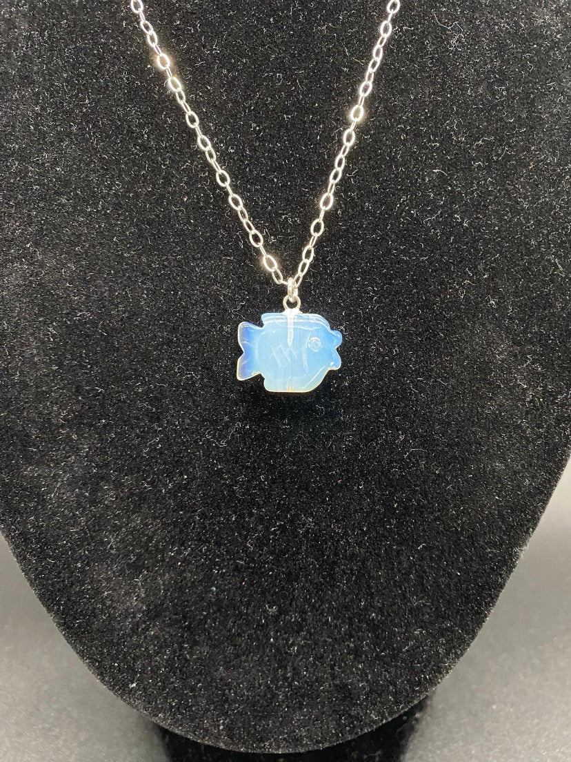 Opalite Fish Pendant Sterling Silver Necklace, Crystal Jewellery