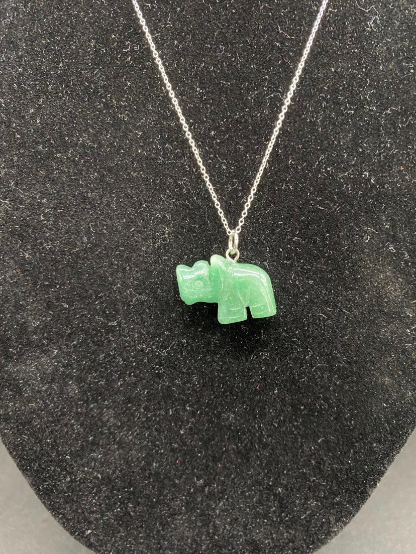 Green Aventurine Carved Rhino Sterling Silver Pendant Necklace