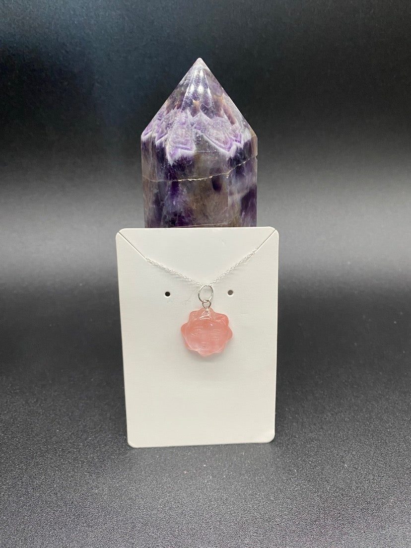 Strawberry Quartz Carved Sun Face Pendant Sterling Silver Necklace