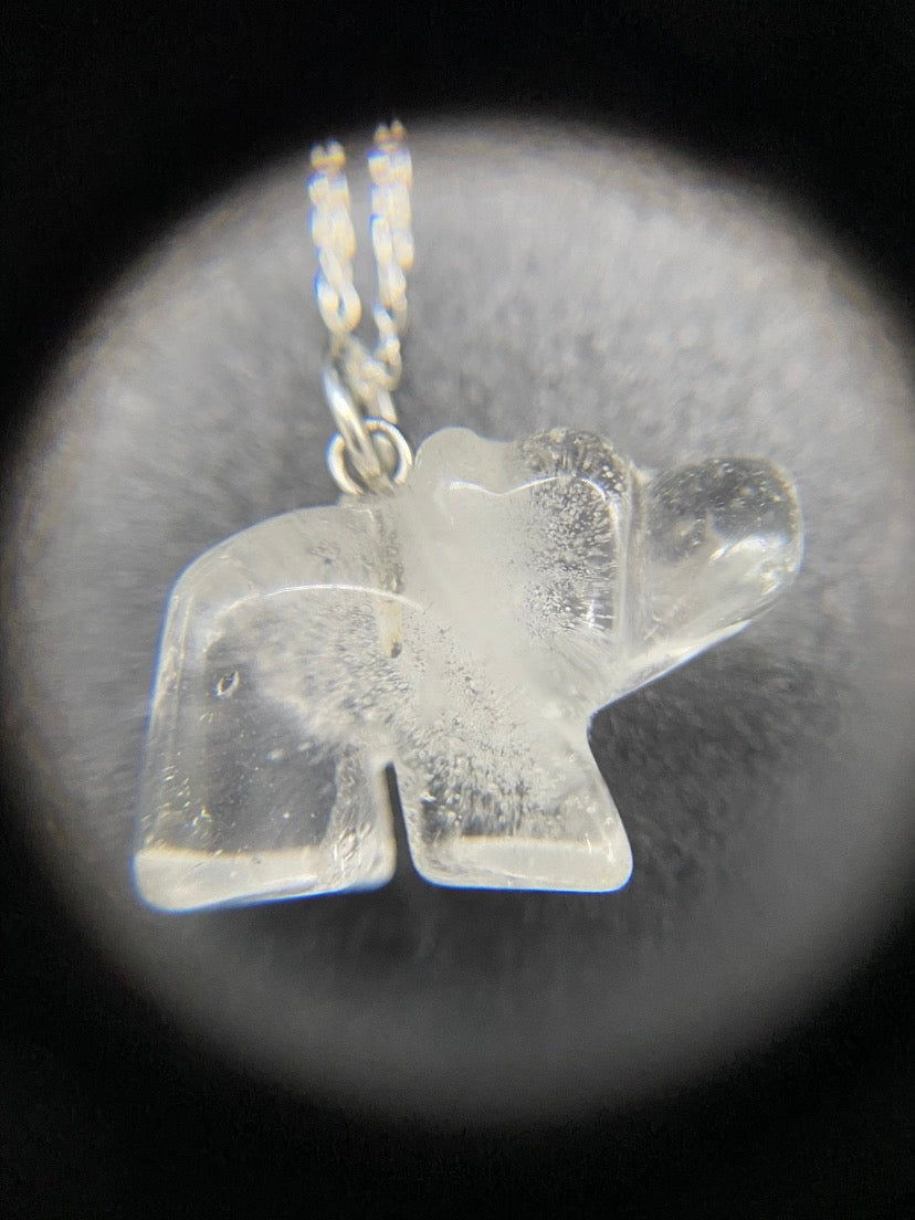 Carved Clear Quartz Bear Pendant Sterling Silver Necklace
