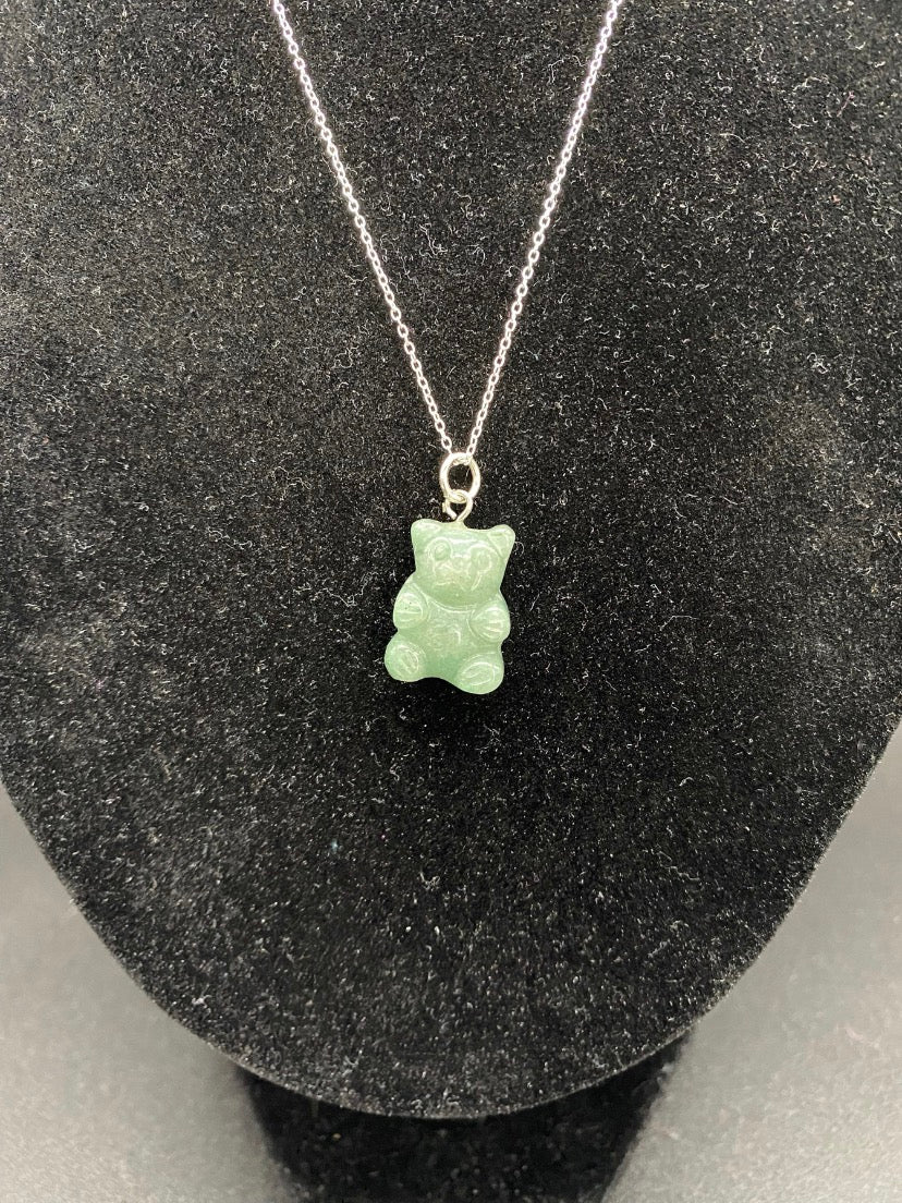 Green Aventurine Carved Gummy Bear Sterling Silver Pendant Necklace