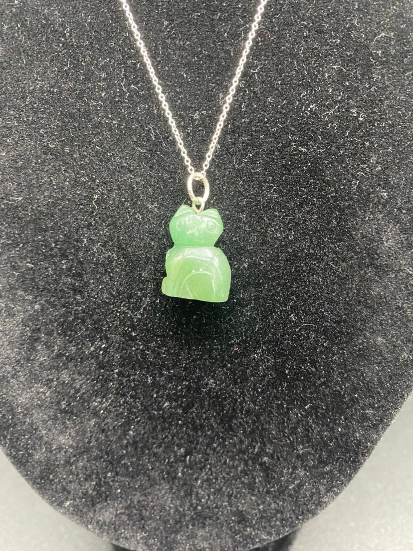 Green Aventurine Carved Cat Sterling Silver Pendant Necklace