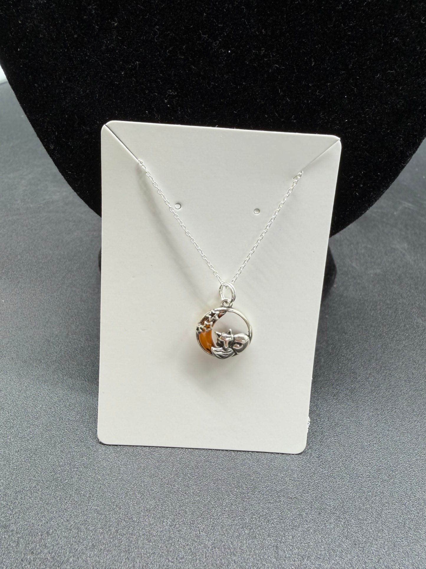 Baltic Amber Sleeping Fox on Crescent Moon Pendant Sterling Silver Necklace