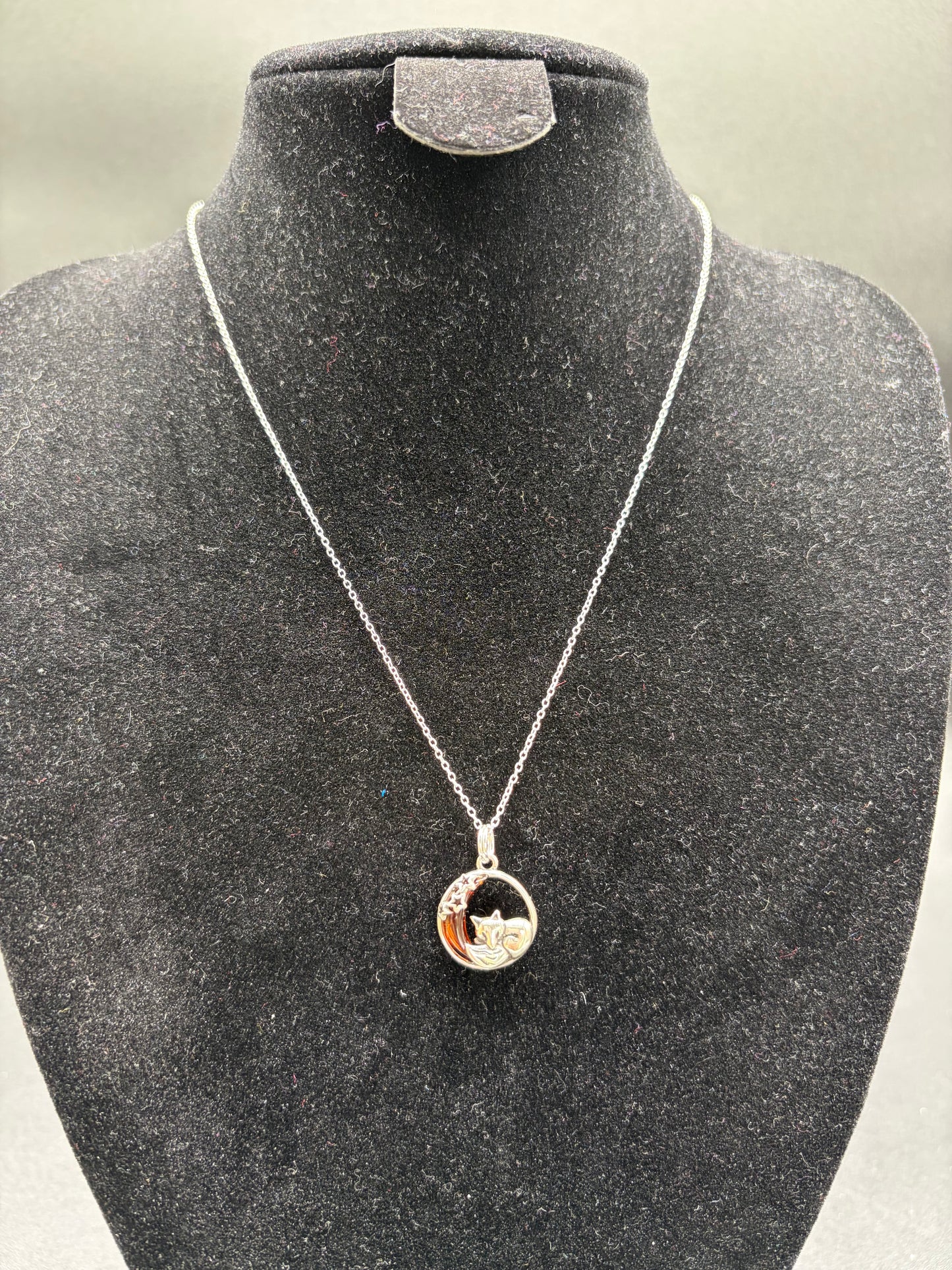 Baltic Amber Sleeping Fox on Crescent Moon Pendant Sterling Silver Necklace