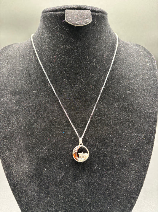 Baltic Amber Sleeping Fox on Crescent Moon Pendant Sterling Silver Necklace