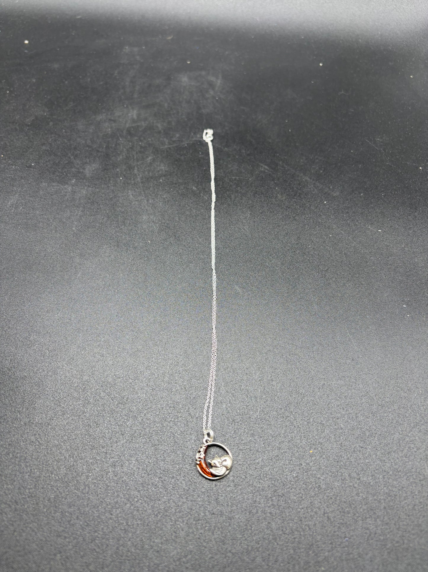 Baltic Amber Sleeping Fox on Crescent Moon Pendant Sterling Silver Necklace