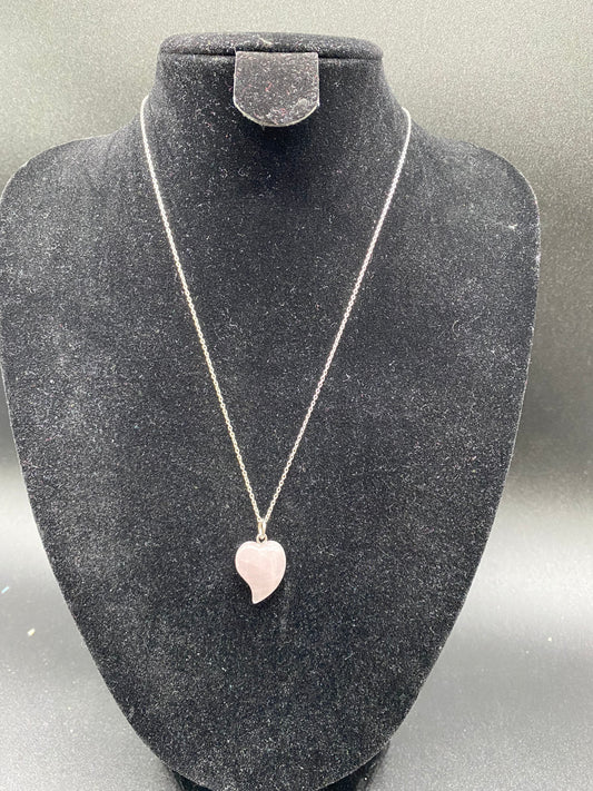 Natural Rose Quartz Curved Heart Sterling Silver Necklace