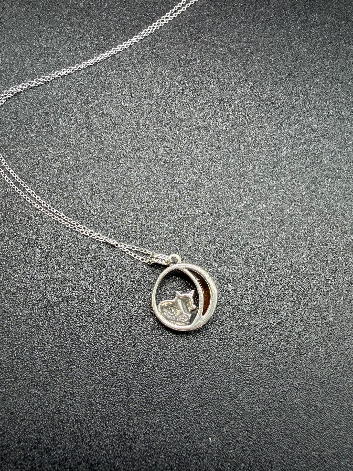 Baltic Amber Sleeping Fox on Crescent Moon Pendant Sterling Silver Necklace