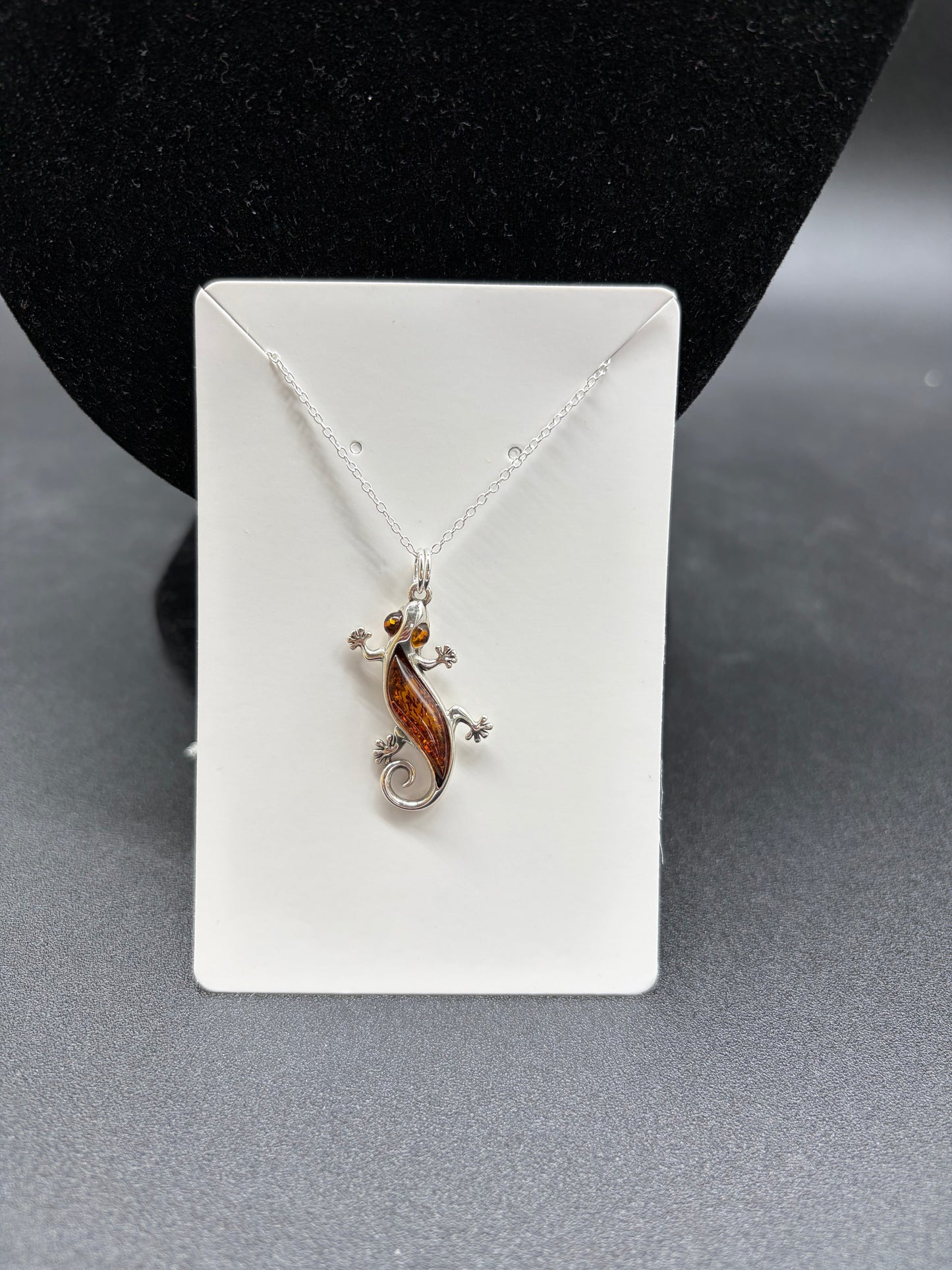 Baltic Amber Gecko Lizard Pendant Sterling Silver Necklace