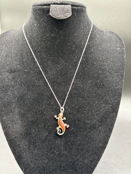 Baltic Amber Gecko Lizard Pendant Sterling Silver Necklace