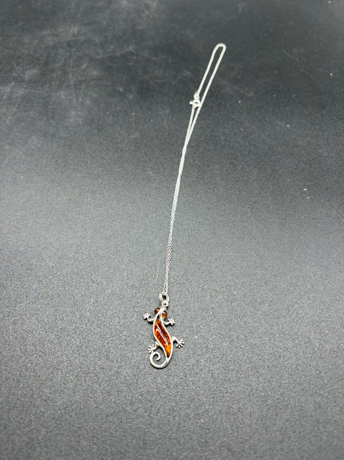 Baltic Amber Gecko Lizard Pendant Sterling Silver Necklace