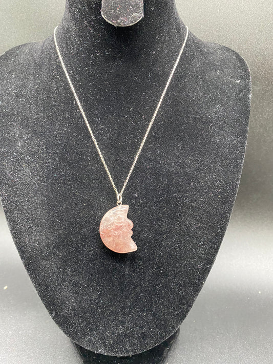 Strawberry Quartz Moon Face Sterling Silver Necklace – Celestial Pendant
