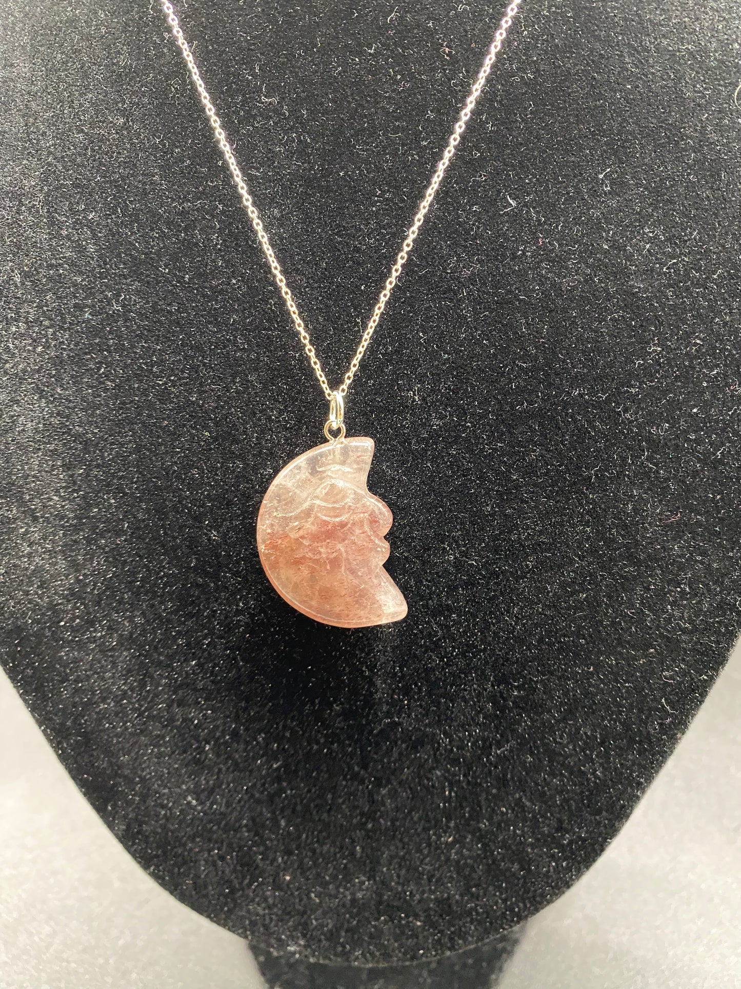 Strawberry Quartz Moon Face Sterling Silver Necklace – Celestial Pendant