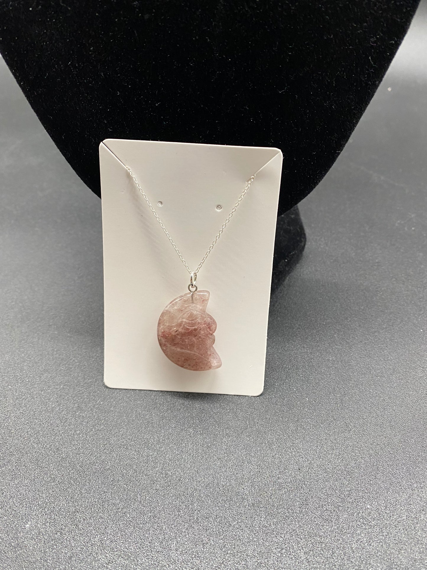Strawberry Quartz Moon Face Sterling Silver Necklace – Celestial Pendant