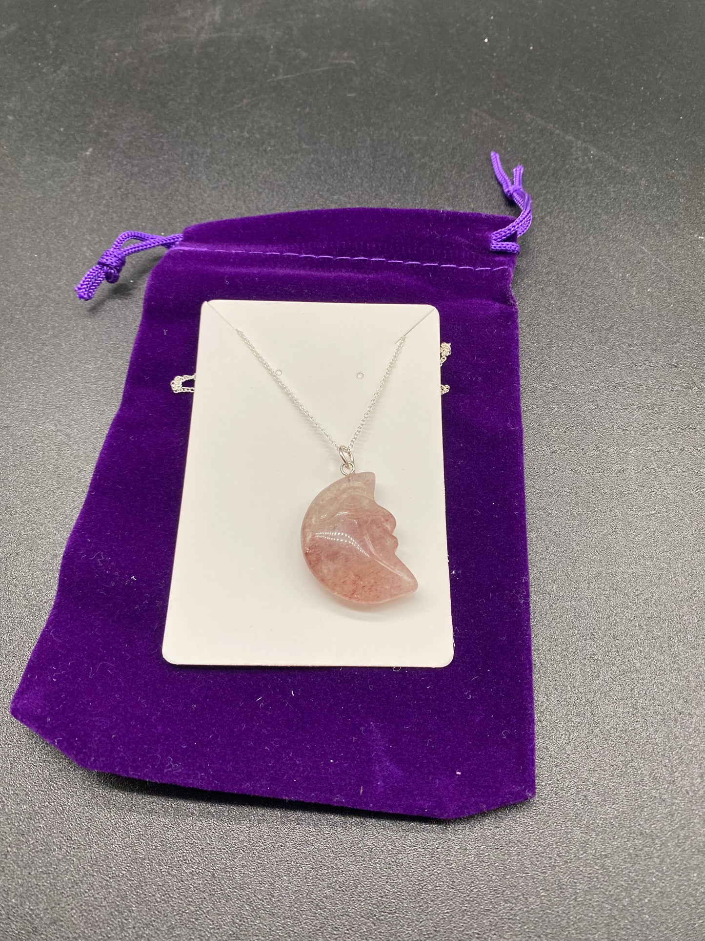 Strawberry Quartz Moon Face Sterling Silver Necklace – Celestial Pendant