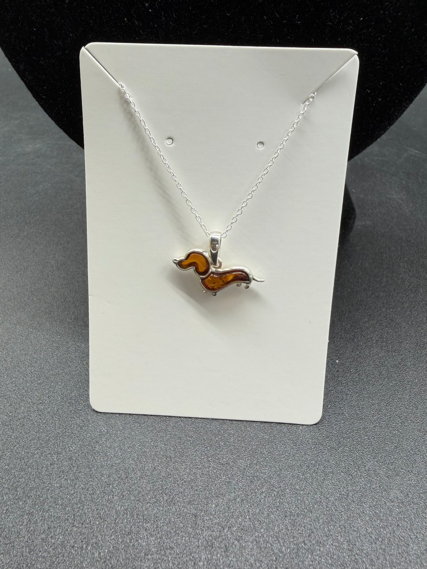 Baltic Amber Dachshund Sausage Dog Pendant Sterling Silver Necklace