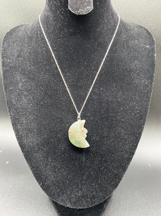 Hand-Carved Bloodstone Jasper Crescent Moon Pendant on Sterling Silver