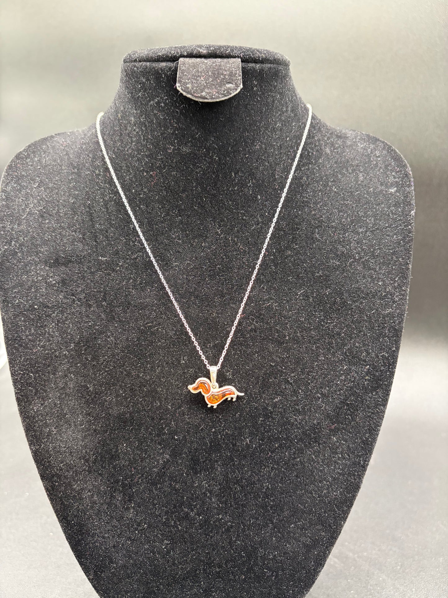 Baltic Amber Dachshund Sausage Dog Pendant Sterling Silver Necklace
