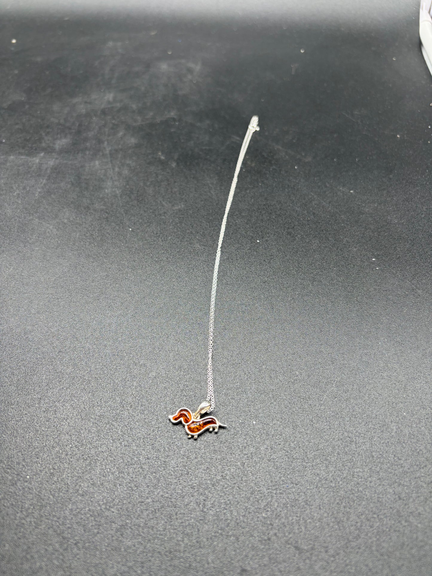 Baltic Amber Dachshund Sausage Dog Pendant Sterling Silver Necklace