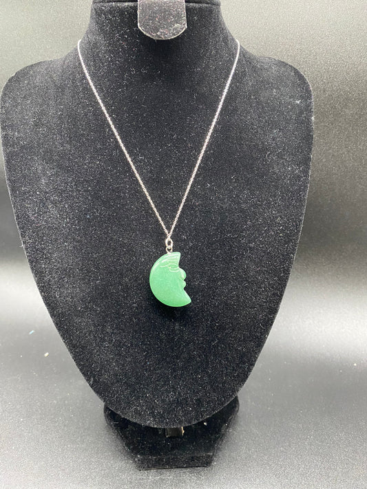 Green Aventurine Moon Necklace – Hand-Carved Crescent Moon Pendant on Sterling Silver
