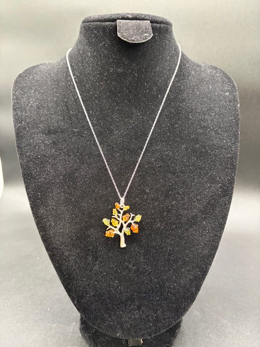 Multicolour Baltic Amber Tree of Life Pendant Sterling Silver Necklace