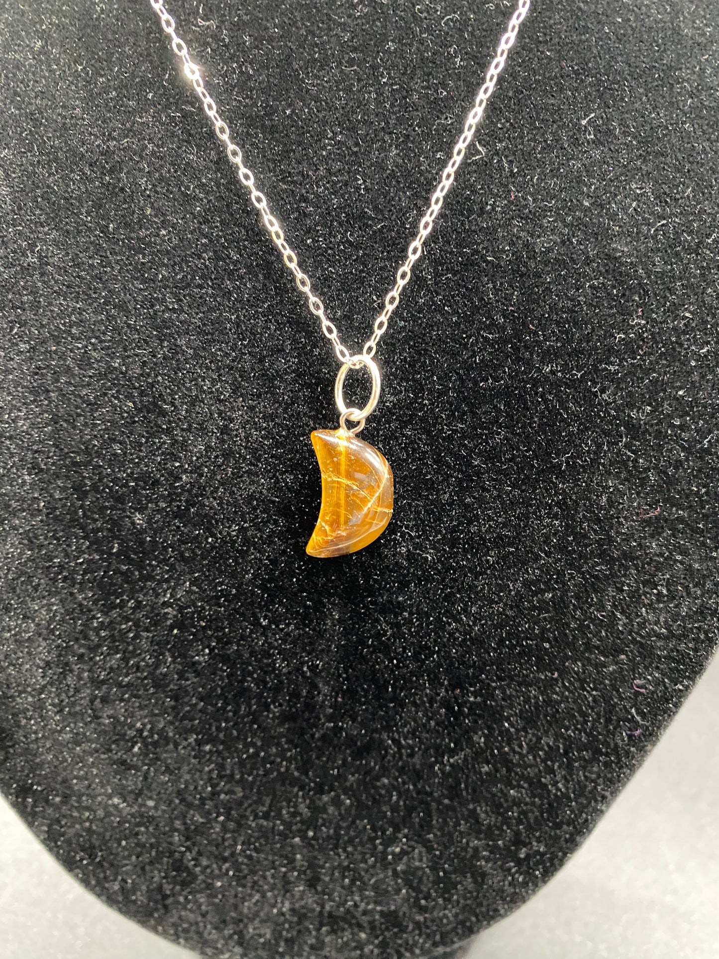 Tiger’s Eye Crescent Moon Pendant Sterling Silver Necklace