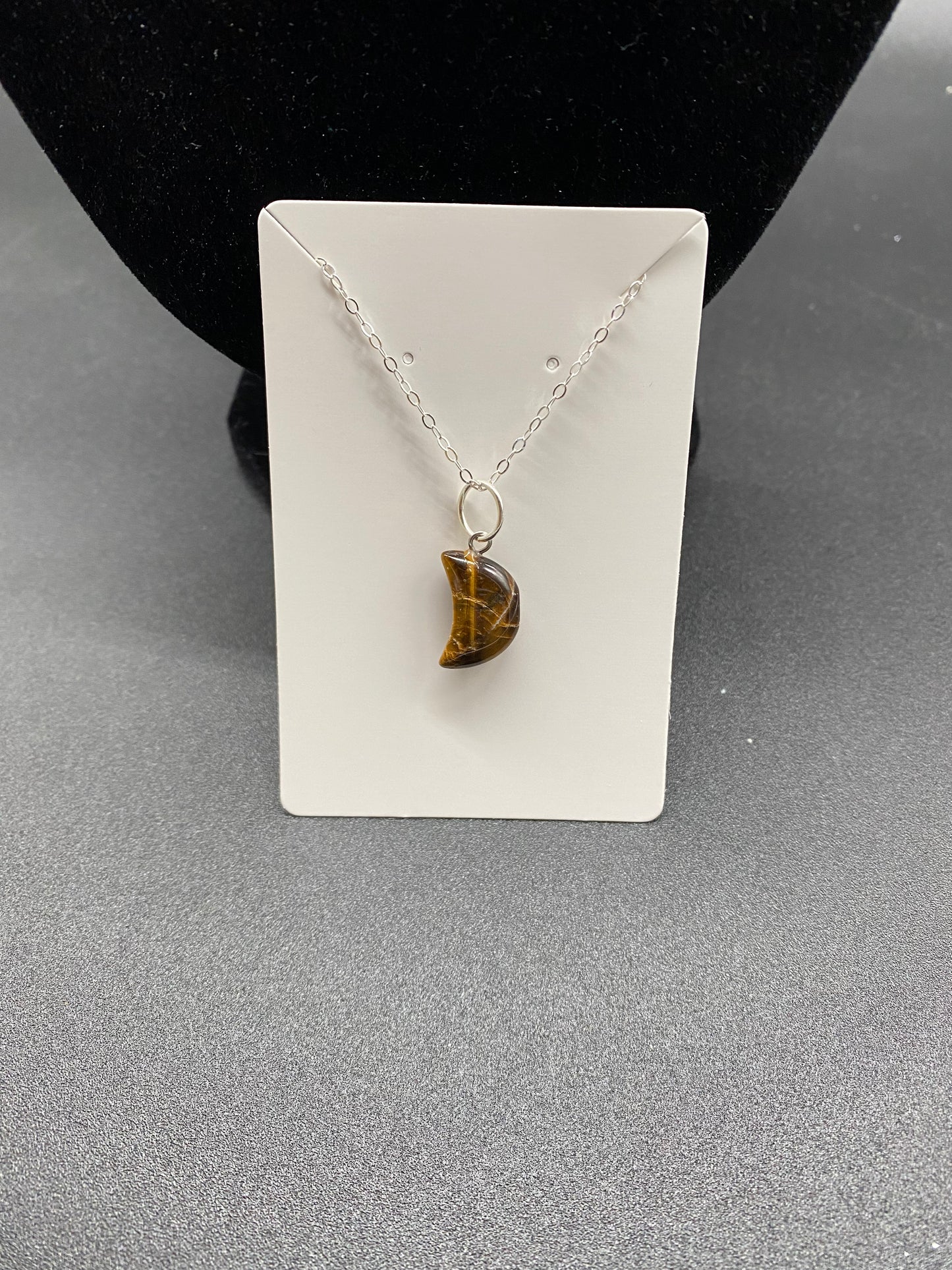 Tiger’s Eye Crescent Moon Pendant Sterling Silver Necklace