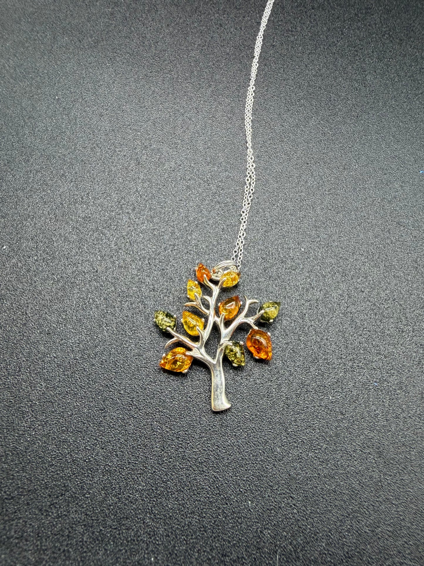 Multicolour Baltic Amber Tree of Life Pendant Sterling Silver Necklace