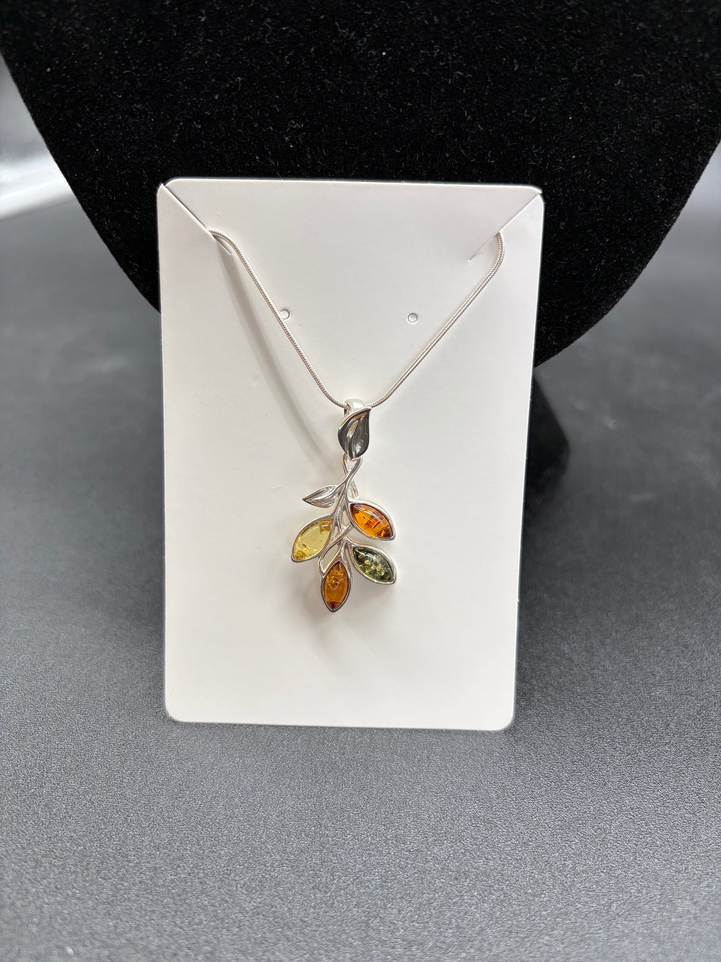 Multicolour Baltic Amber Leaf Branch Pendant Sterling Silver Necklace