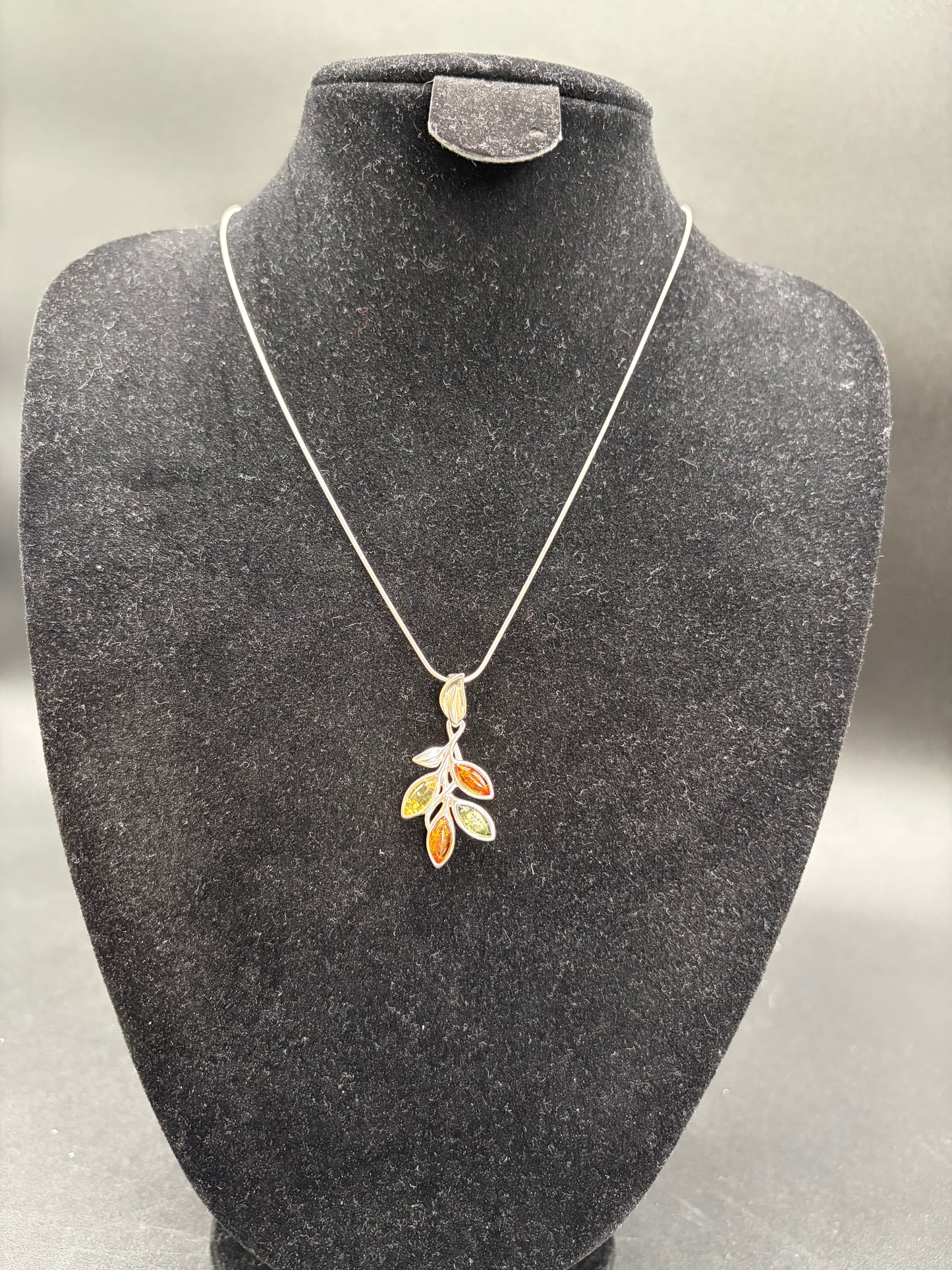 Multicolour Baltic Amber Leaf Branch Pendant Sterling Silver Necklace