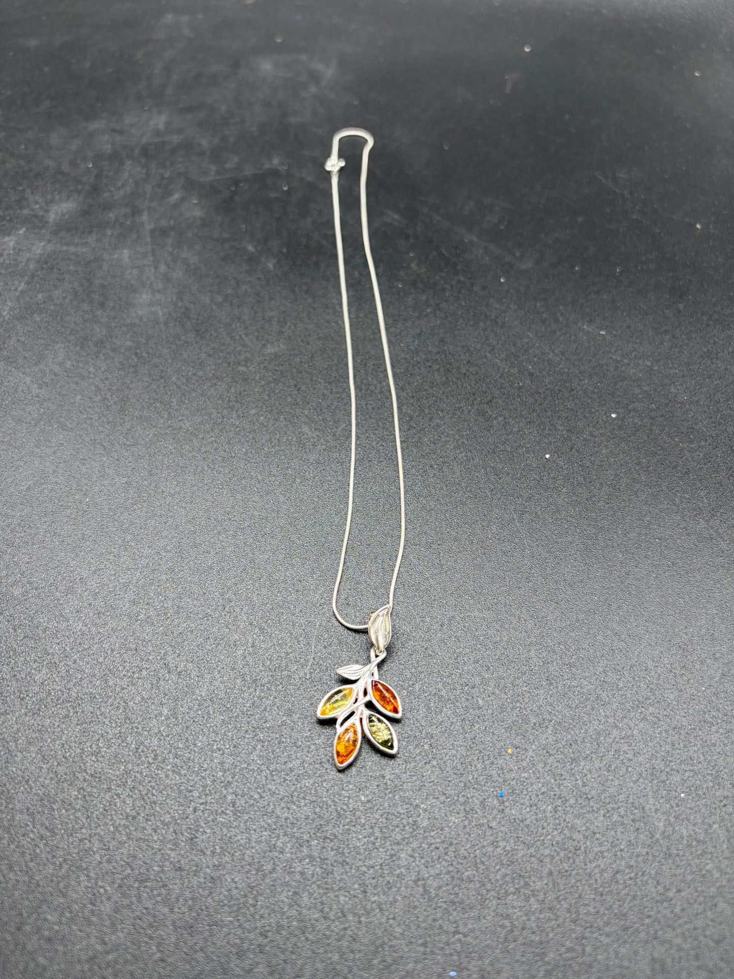 Multicolour Baltic Amber Leaf Branch Pendant Sterling Silver Necklace