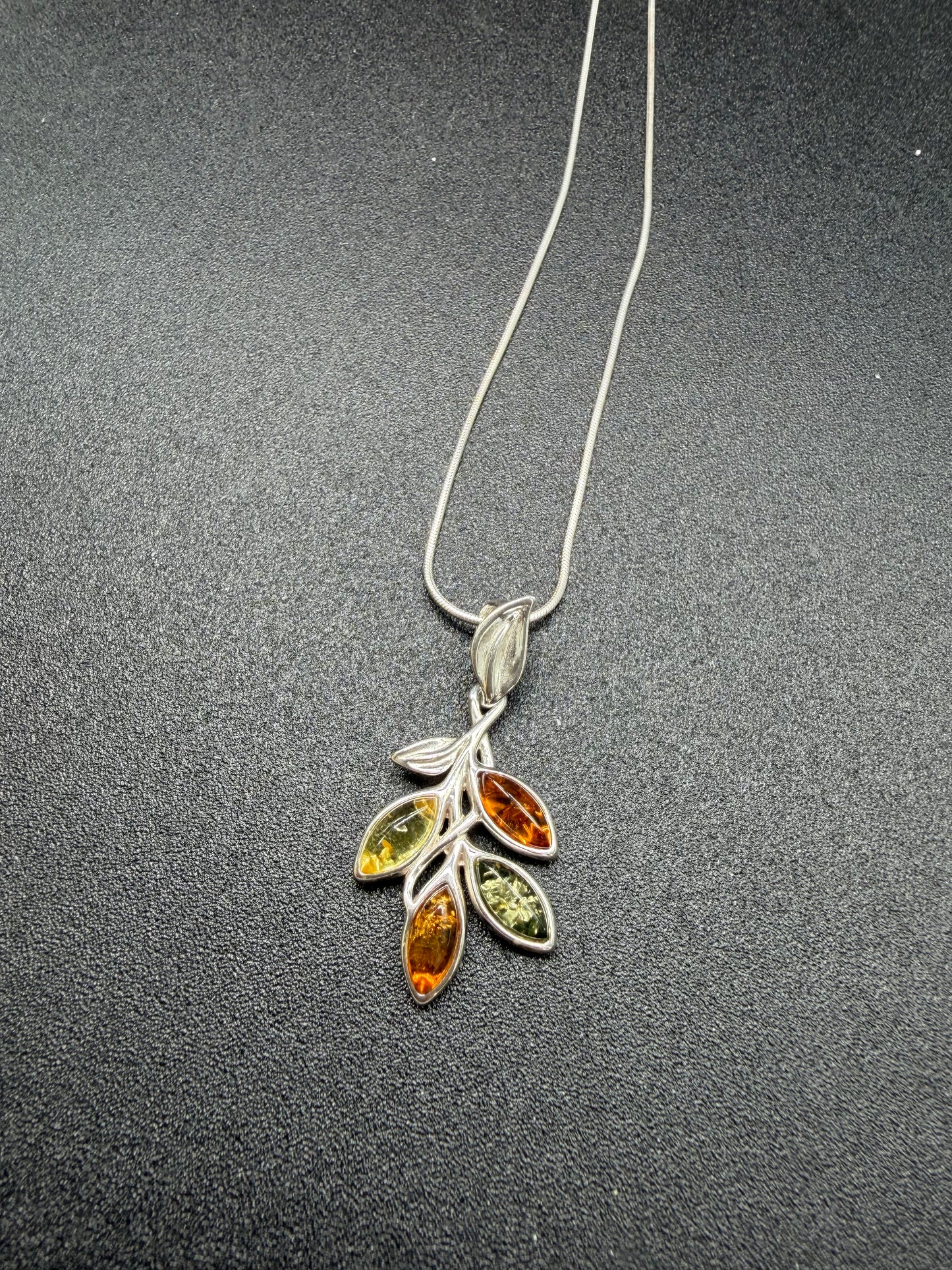 Multicolour Baltic Amber Leaf Branch Pendant Sterling Silver Necklace