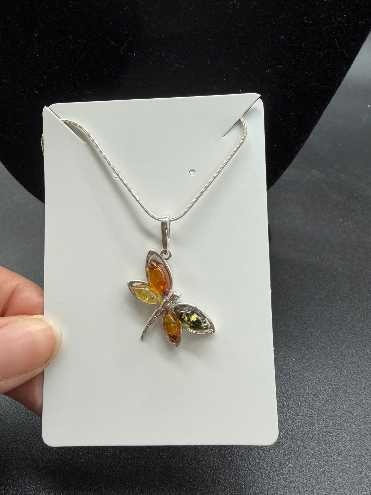 Multicolour Baltic Amber Dragonfly Pendant Sterling Silver Necklace