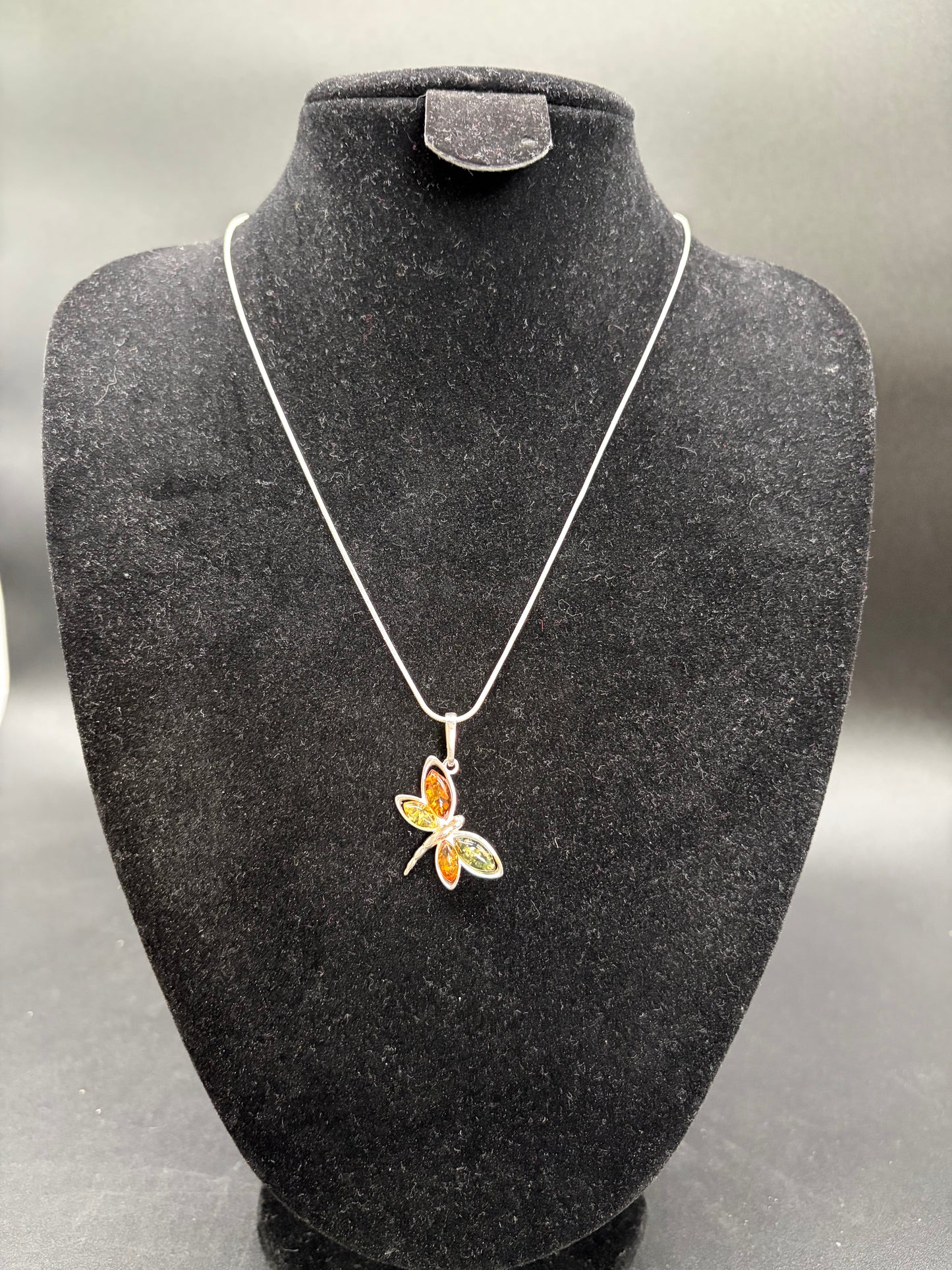 Multicolour Baltic Amber Dragonfly Pendant Sterling Silver Necklace