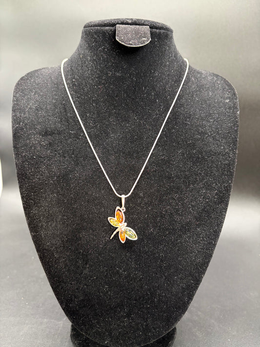 Multicolour Baltic Amber Dragonfly Pendant Sterling Silver Necklace