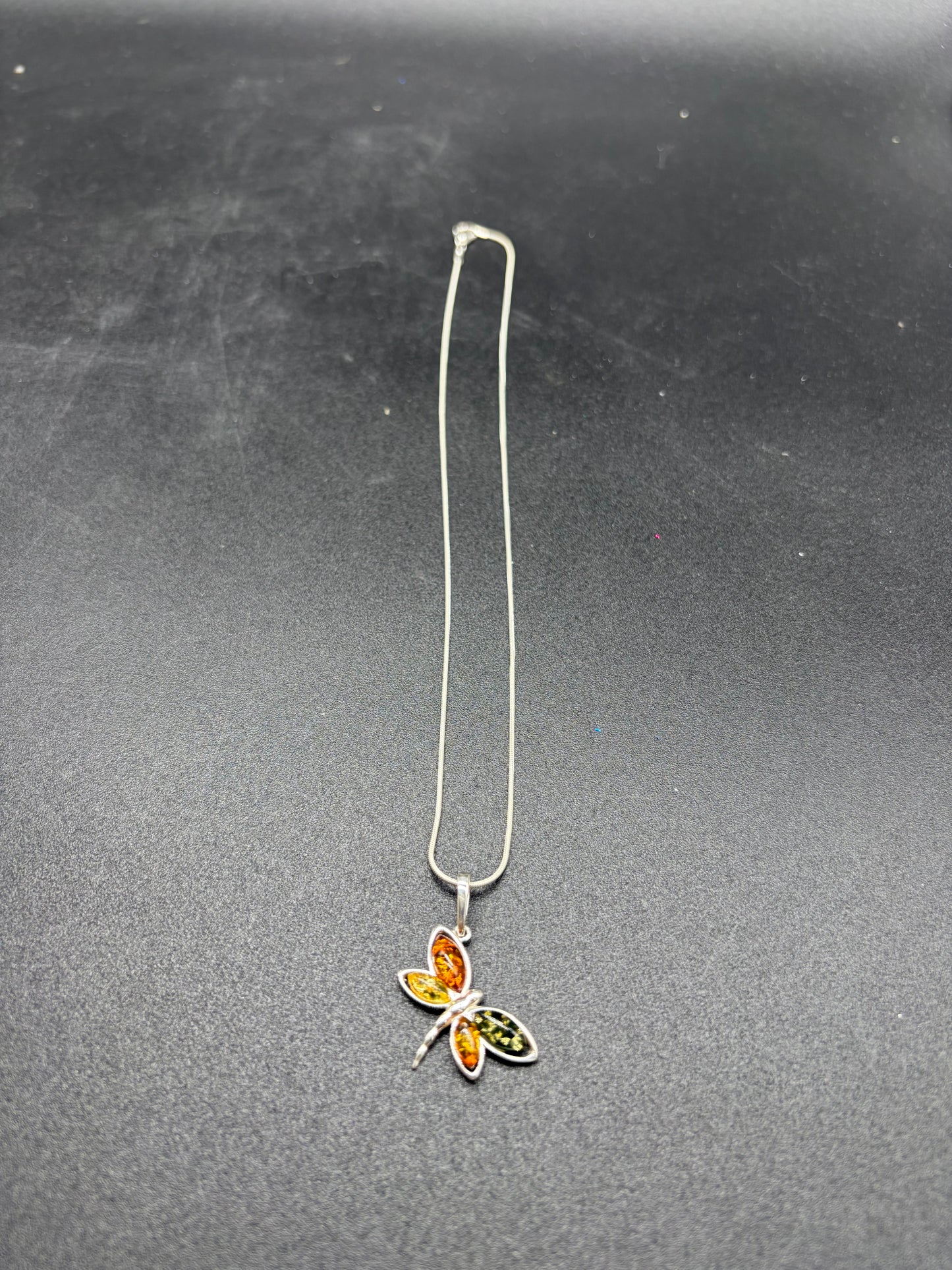 Multicolour Baltic Amber Dragonfly Pendant Sterling Silver Necklace