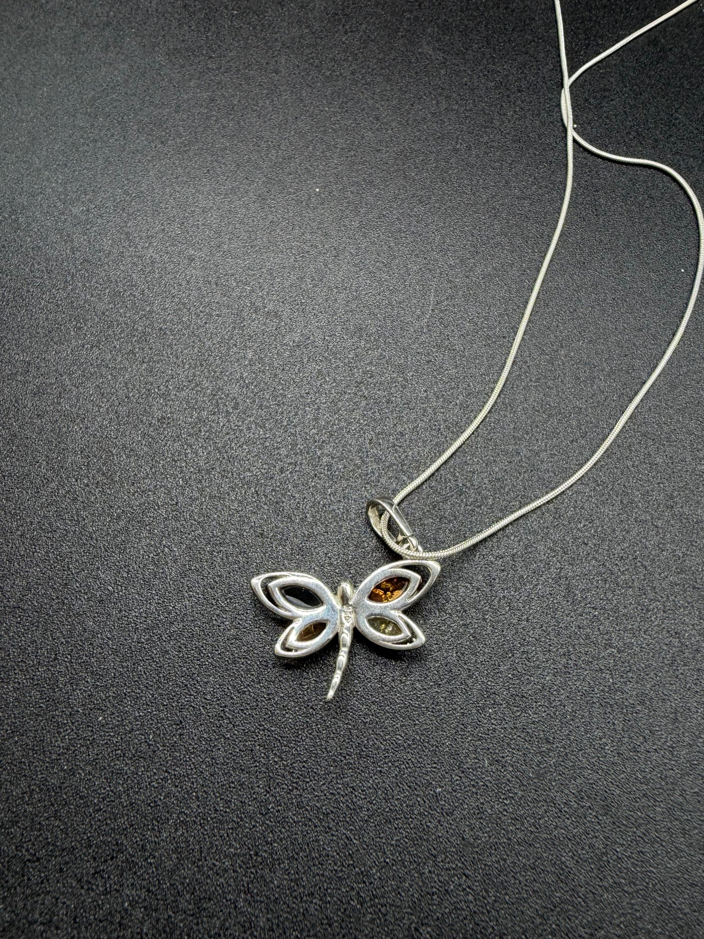 Multicolour Baltic Amber Dragonfly Pendant Sterling Silver Necklace