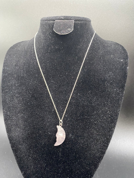 Rose Quartz Moon Necklace, Hand-Carved Moon Face Pendant, Sterling Silver Dainty Chain, Love & Healing Crystal Jewellery