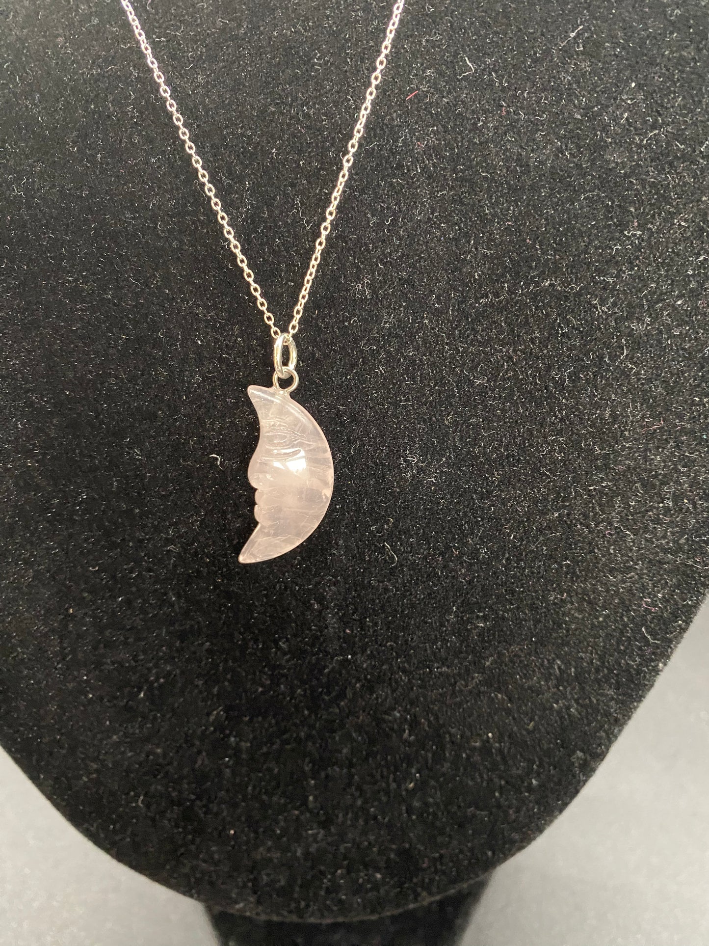 Rose Quartz Moon Necklace, Hand-Carved Moon Face Pendant, Sterling Silver Dainty Chain, Love & Healing Crystal Jewellery