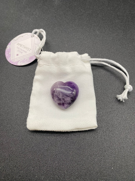 Polished Amethyst Heart with White Drawstring Gift Bag